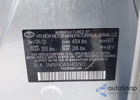 2020 Hyundai Sonata Sel z USA, uszkodzony, nr VIN 5NPEF4JA1LH022972